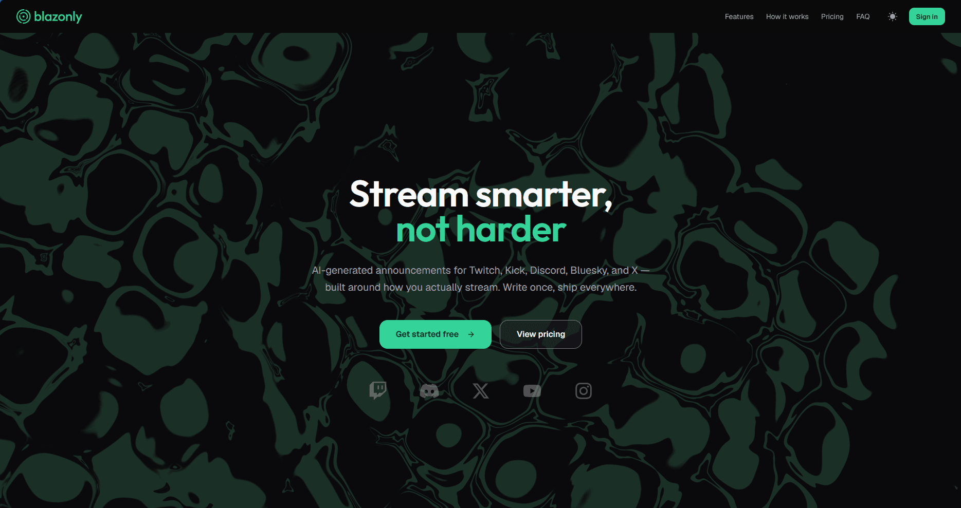 Blazonly homepage with its Stream smarter, not harder message and green abstract background.