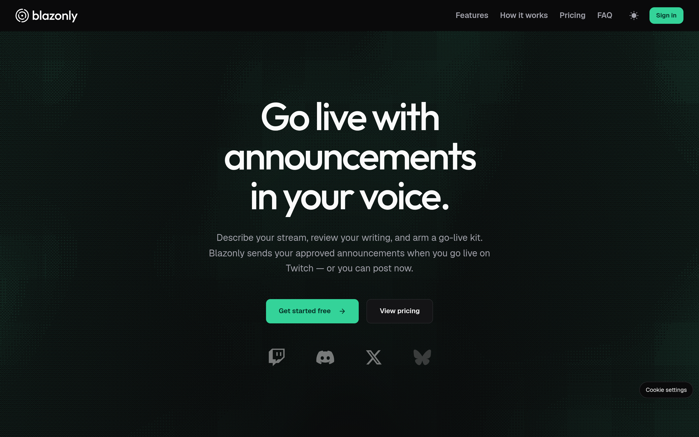 Blazonly dark-mode homepage with dithered background and the headline Go live with announcements in your voice.
